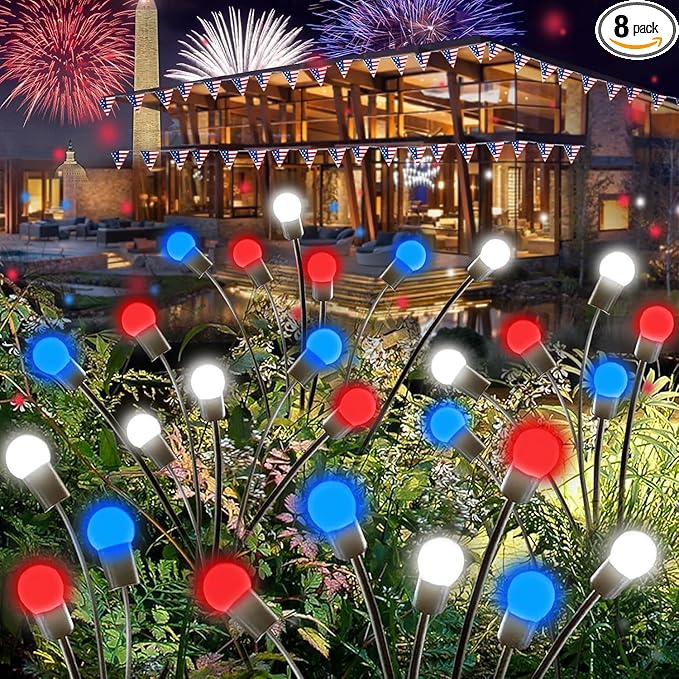4th of July Decorations Outdoor, 8 Pack Red White and Blue Solar Garden Lights 48 LED, Solar Firefly Lights Outdoor Waterproof Patriotic Light for Independence Day,National Day Garden Yard Decoration