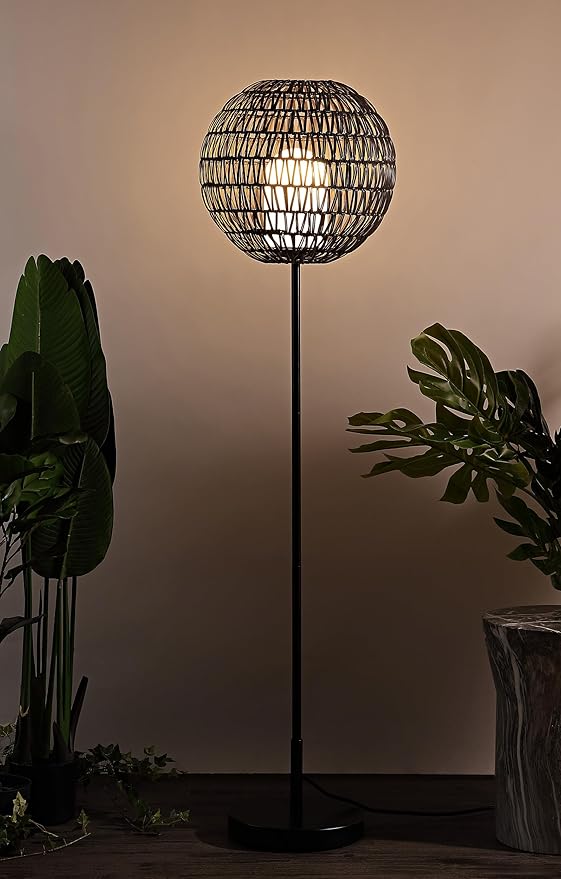 JONATHAN Y 61" Coffee/Black Outdoor Woven Globe LED Floor Lamp, Bohemian Modern Wicker Style Lantern for Patio, Porch and Backyard, Iron Frame, LED Bulb Included JYL6507A