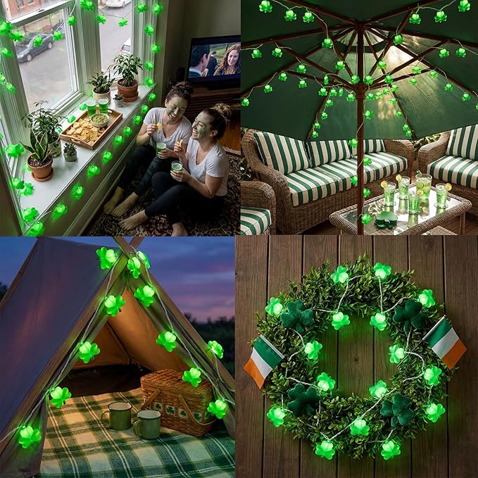 8.5Ft St Patricks Day Lights, 10 LED 3D Shamrock Lights Plug In, Waterproof St Patrick's Day String Lights Shamrock, Saint Patricks Day Decorations, St Patricks Day Outdoor Light for Window & Home