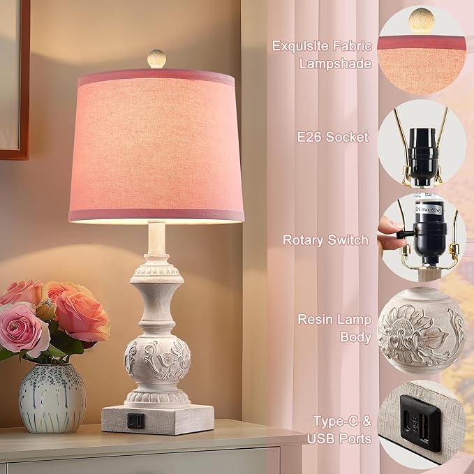 Set of 2 Pink Farmhouse Table Lamps 23.5" Vintage Nightstand Lamp with USB A+C Ports Antique Carved Floral Base & Pull Chain for Bedside, Living Room, Girls Bedroom, Dorm (Bulb Not Included)