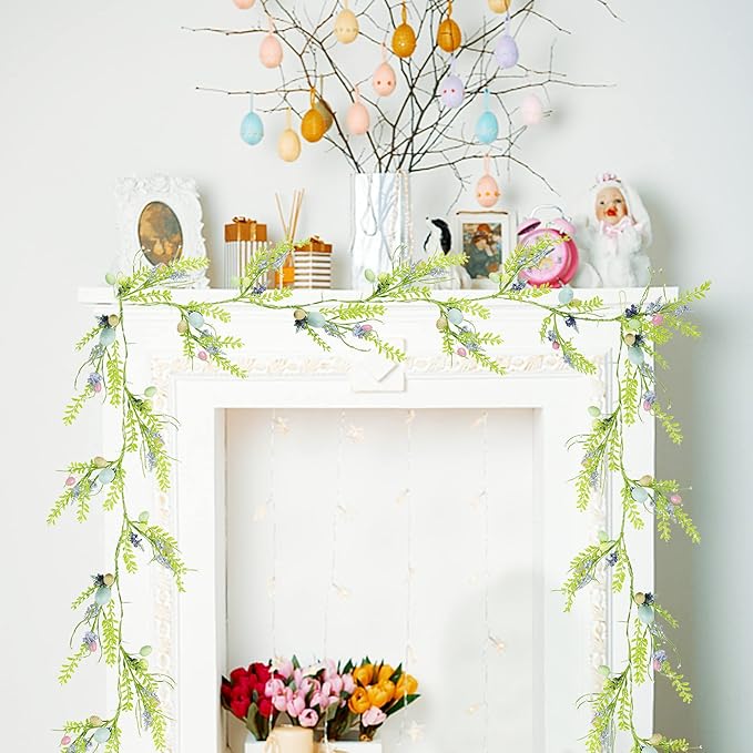 DR.DUDU 6 FT Easter Decorations for Home Lighted Easter Garland Artificial Egg Garlands with 20 LED Lights & Timer Spring Decor for Mantle Fireplace Table Door