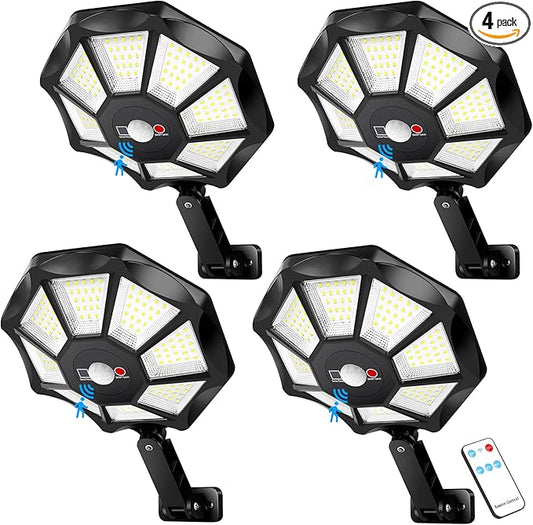 Solar Flood Lights Outdoor, 4-Pack, Black, 30000 Lumen, 3E+2 Watts, 672 LED, Motion Sensor, Dusk to Dawn, Waterproof, Modern Style, Ideal for Outdoor Spaces