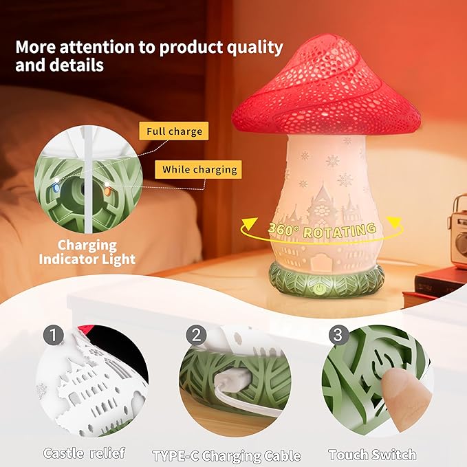 Mushroom Lamp for Bedroom - 360° Rotating Table Lamp with USB C Charging, Touch Control 3 Color Temperatures Bedside Lamp for Nightstand, Home Decor