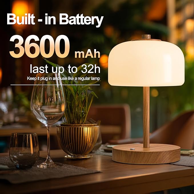 Oneach 9" Cordless Table Lamp, Wood Grain Rechargeable Battery Operated Lamp, 3-Way Stepless Dimming Touch Lamps, Small Glass Bedside Nightstand Light for Bedroom Dining Table Living Room Shelf Decor