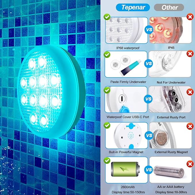 Rechargeable Pool Lights with Remote: (2 Pack) Submersible Led Light IP68 Waterproof 16 Color Changing Floating Underwater Hot Tub Lights with Magnet for Pond Bathtub Christmas Decoration