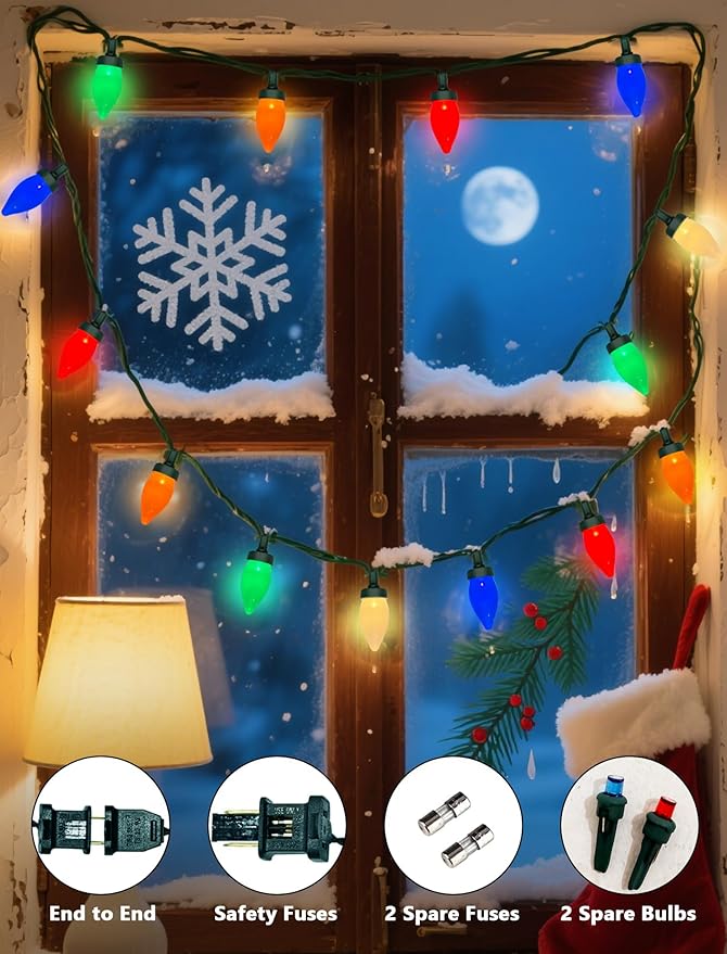 C7 LED Christmas Lights Outdoor, 26Ft Outdoor Christmas Decoratios String Lights Waterproof with 50 LED C7 Multicolor Bulbs, Vintage Christmas Lights for Indoor Roofline Backary Garden House Party