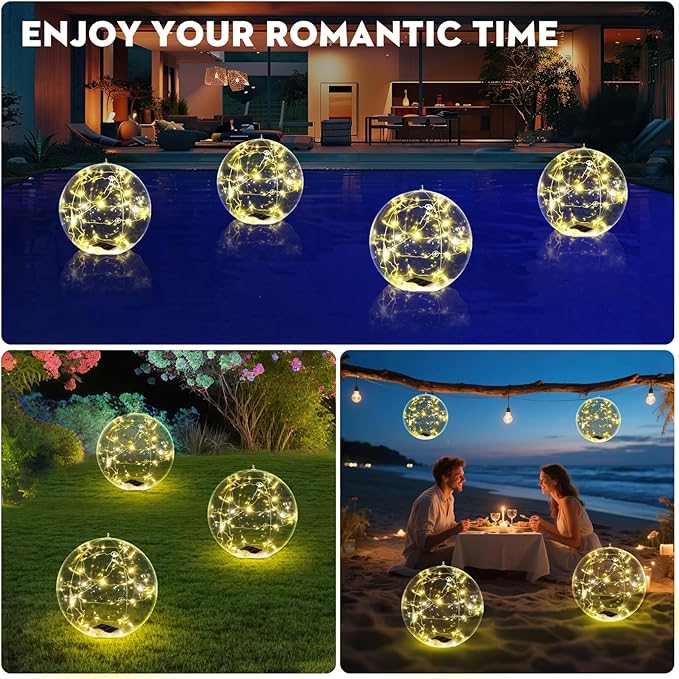 Floating Pool Lights, 15 Inch Warm White Solar Pool Light That Float, IP68 Waterproof Inflatable Light Up Pool Balls, Float or Hang Solar Floating Lights for Pool, Wedding, Party Decor - 2PC