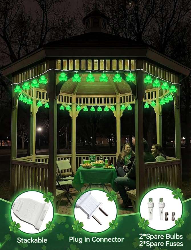 Outdoor Shamrock String Lights, 8.5Ft Saint Patricks Day Decorations with 10 Clover Lights, Plug in Shamrocks Green Lights for Party Bar Home Garden Decor,White Wire
