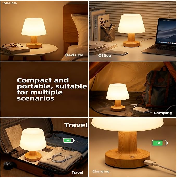 Shower Lamp Mushroom Lamp LED Table Lamp for Bedroom 3-Level Dimmable Rechargeable Desk Bedside Small Lamps Night Light for Bedroom, Living Room, Study and Home Offices Decor