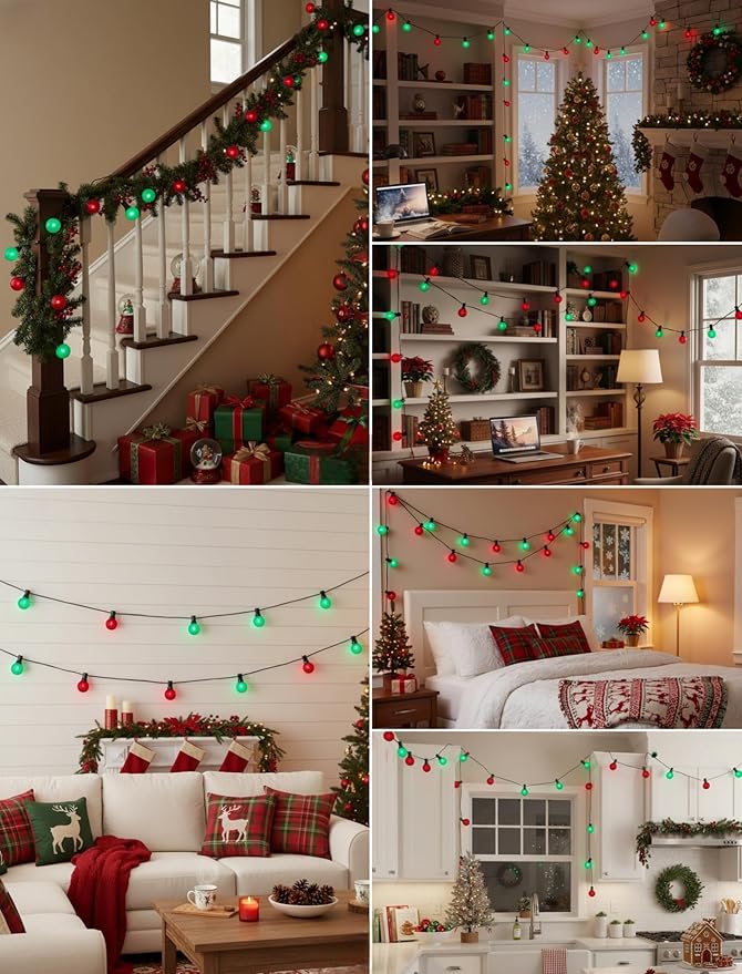 50Ft Outdoor Frosted Red and Green Christmas Lights,G40 Globe Patio Christmas Lights with 25 Red and Green Bulbs(2 Spare),Vintage Hanging Xmas for Tree Garden Porches Holiday