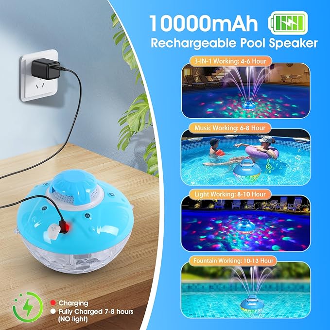 Blufree Bluetooth Pool Speaker w/Colorful Pool Fountain Light, 3 in 1 Floating Pool Speaker Loud Sound, IP68 Waterproof Floating Hot Tub Speakers, Bluetooth 5.4, 24H Playtime Pool Wireless Speakers