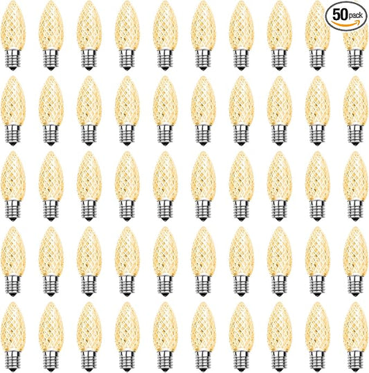 Meconard C9 Led Replacement Christmas Light Bulbs, C9 Shatterproof Led Bulbs for Christmas Indoor Outdoor String Lights,E17 Intermediate Base, Commercial Grade Holiday Bulbs, Warm White, 50Pack
