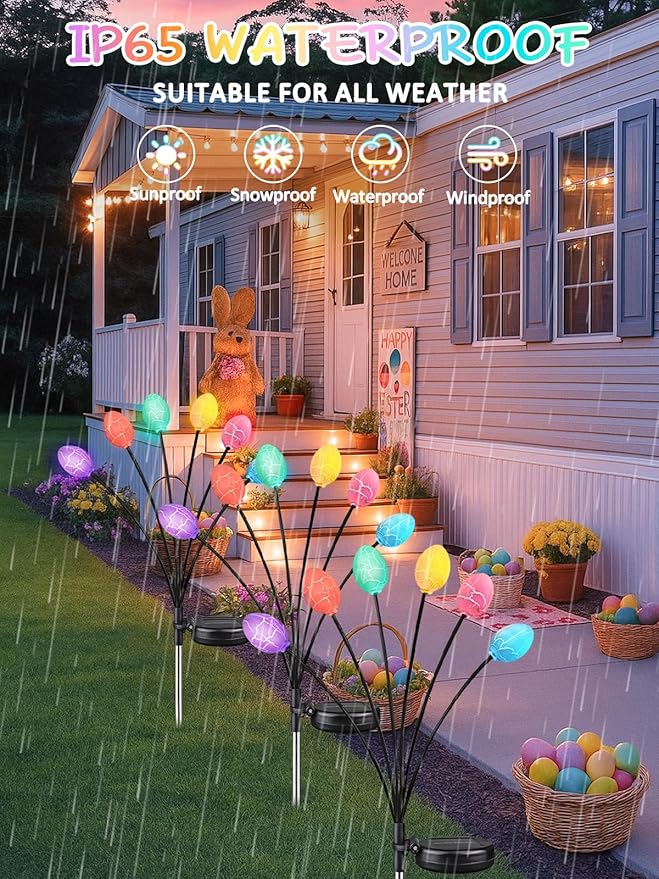 Upgraded 4 Pack Solar Easter Egg Lights Outdoor, Colorful Swaying Firefly Lights with 2 Lighting Modes, Waterproof Solar Pathway Lights for Spring Garden Lawn Yard Patio Porch Easter Decorations