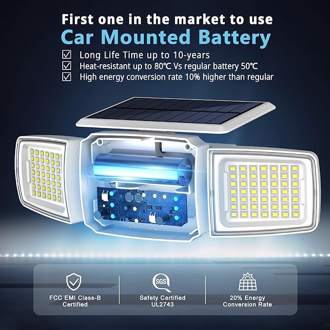 White Solar Security Light Outdoor Super Bright LED, Motion Sensor Flood Light, 3 Heads 270° Wide Angle, Remote Control, IP65 Waterproof, 3 Modes (6 Packs)