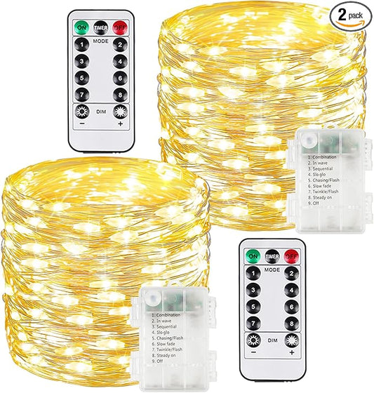 2 Pack 100LED Christmas Battery Operated Fairy Lights with Remote, 8 Modes String Lights with Timer, Dimmable, Memory Function, Waterproof Twinkle Lights for Outdoor Indoor Christmas Decor(Warm White)