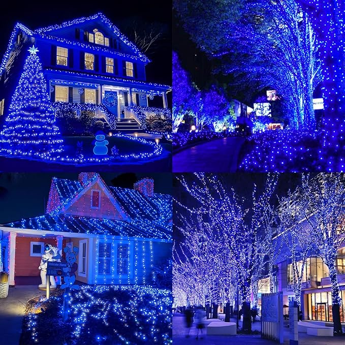 LAMPHOME Blue White Christmas Mini Lights, 32.5FT 100 LED Clear Bulbs String Lights with 16 Light Modes, Fairy Lights Plug in for Outdoor Xmas Trees Garland Wreath Holiday Decorations
