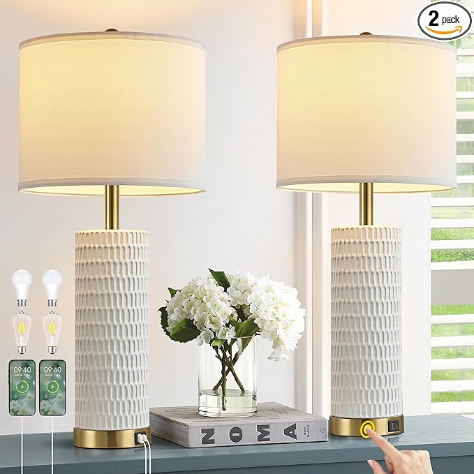 26.5" Ceramic Table Lamps Set of 2, 3 Way Dimmable Touch Control Table Lamps for Living Room, Modern Lamps for Nightstand, Gold