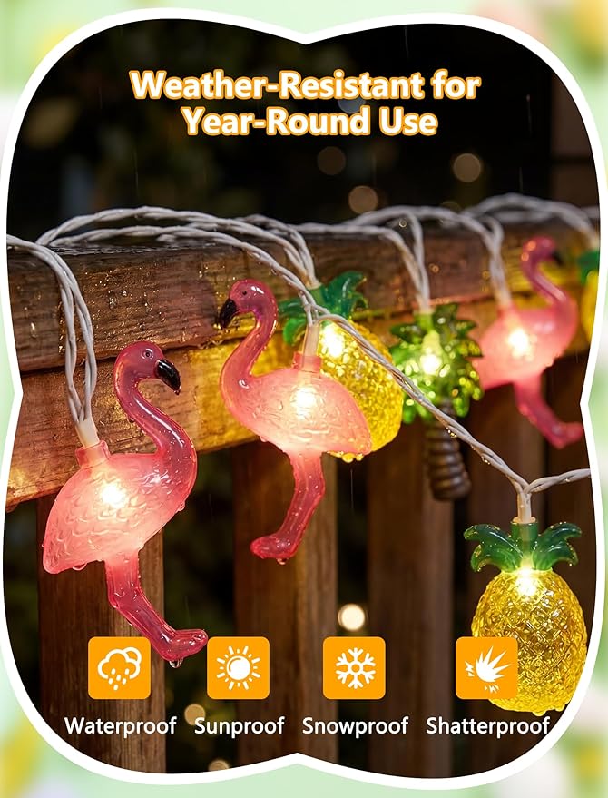 10 LED Hawaiian Beach Themed Party Decorations Lights, 8.5Ft Tropical String Light with Flamingo Pineapple Palm Tree Fairy Lights for Tropical Luau Party Beach Pool Outdoor Indoor Summer Decorations