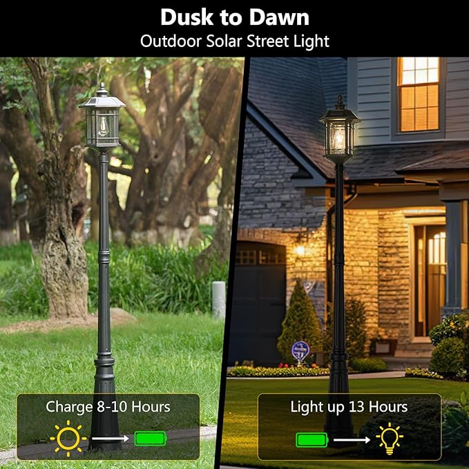 Emliviar 82" Solar Street Lamp Outdoor, LED Dusk to Dawn Pole Solar Light with Remote Control, Waterproof Post Lighting with Seeded Glass, A2202110PL-SL BK