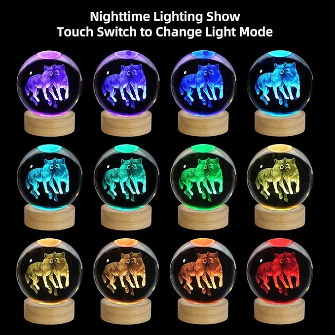 3D Wolf Crystal Ball Night Light - 3.15 Inch Glass Lamp With 16 Color LED Wooden Base, Statue Decor for Birthday, Holiday, Christmas Gifts