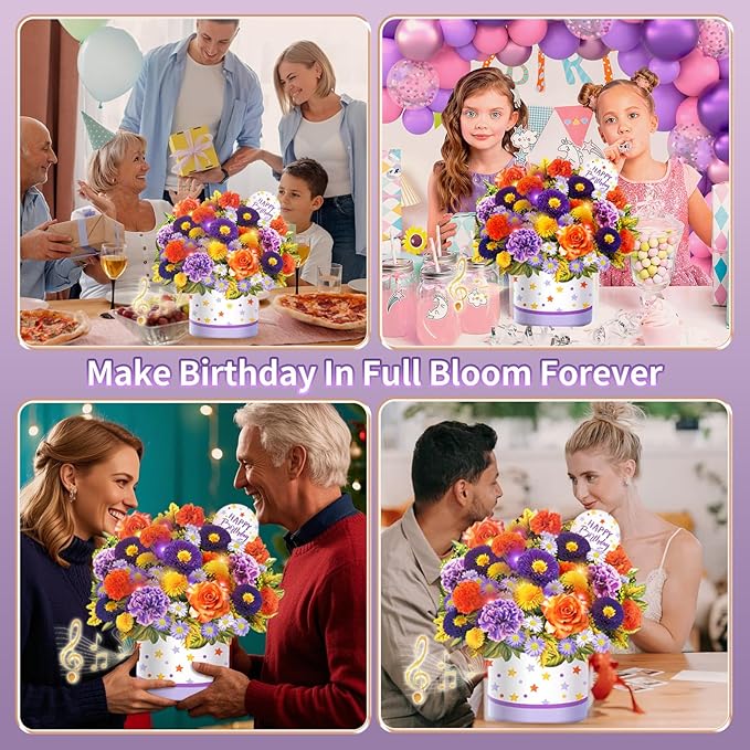 Birthday Cards, Happy Birthday Cards with Music & Lights, Daisy and Yellow Rose, 10 Inch Life Sized Forever Flower Bouquet Greeting Card Gifts for Wife Women Mom Grandma Sister