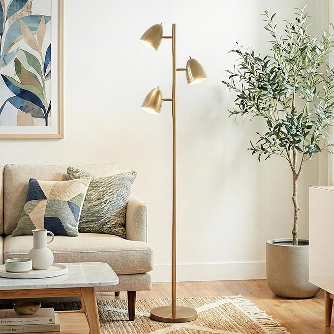 Brightech Jacob LED Standing Lamp, Modern Bright Floor Lamps for Living Rooms & Bedrooms, Tall LED Lighting Lamp with Adjustable 3 Light Tree – Antique Brass/Gold
