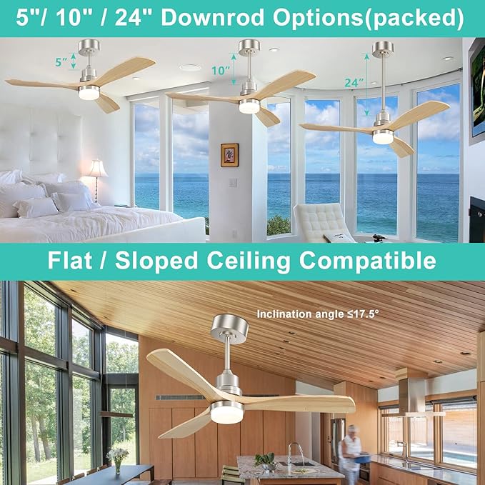 Sofucor 52" Ceiling Fan with Lights and Remote Control, Indoor Outdoor Modern Wood Ceiling Fan for Farmhouse Bedroom Living Room Pation Porch, with Reversible DC Motor, 6 Speeds, 3 Color Temperature