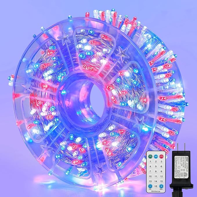 LAMPHOME 165ft 500 LED Red White and Blue Patriotic String Lights, 16 Modes Red White Blue Lights Plug in, 4th of July Lights Outdoor for Independence Day Memorial Day 4th of July Decoration