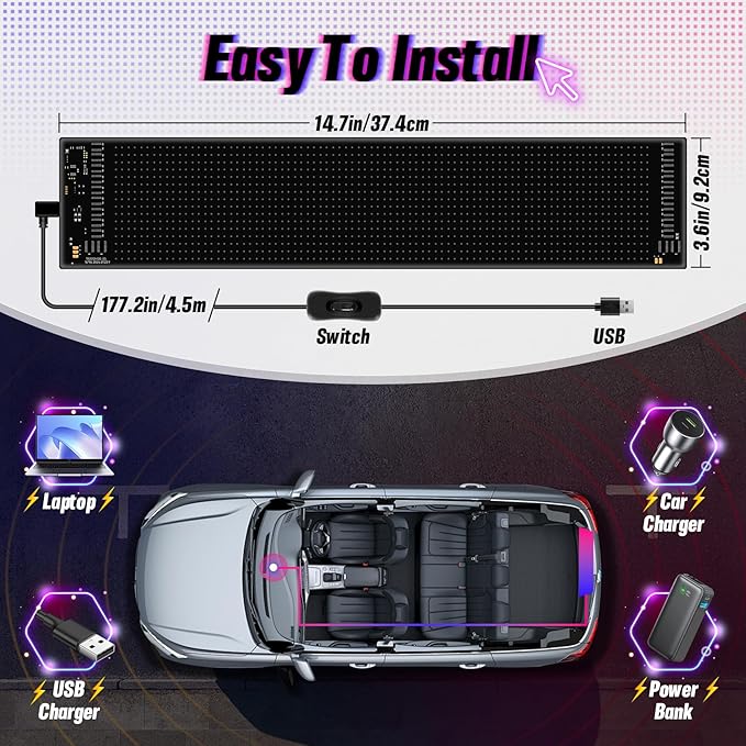 Vanesa Devil Eyes Light for Car Windshield, Flexible Led Digital Display 3.6 x 14.7 inch, Programmable Led Sign for Business Car Truck Shop Bar Concert Hotel, 5V/2A Bluetooth APP Control