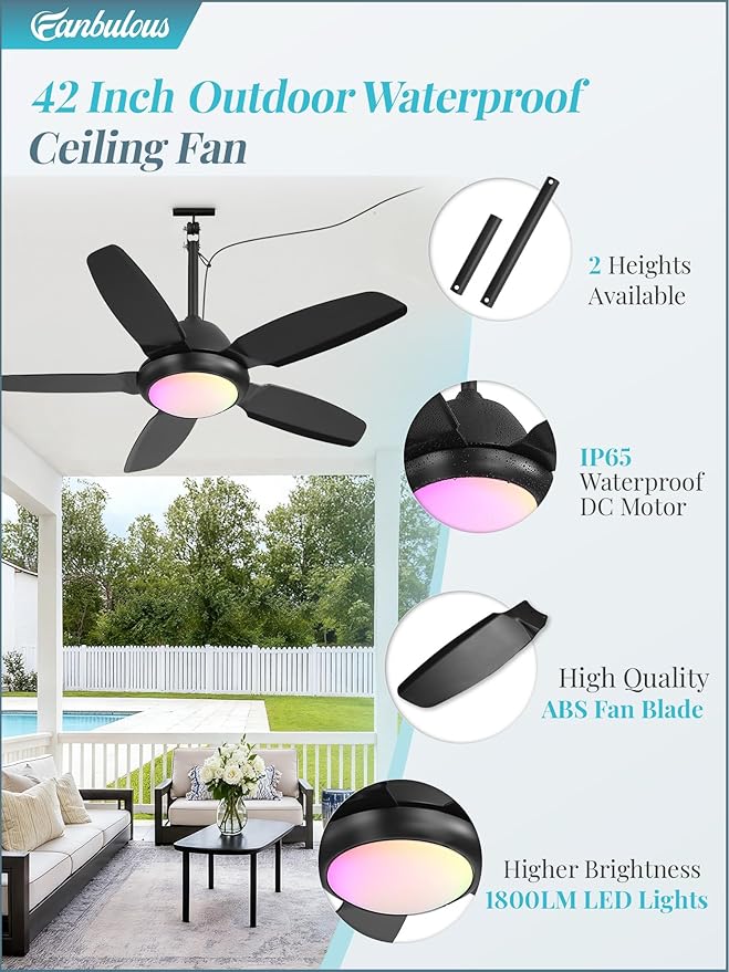 Fanbulous 42 Inch RGB Waterproof Outdoor Ceiling Fan with Lights,APP & Remote Control,IP65 Hanging Gazebo Fan with 3CCT 6-Speed DC Motor,Black Wet Rated Plug in with Cord for Patios Porch Pergola