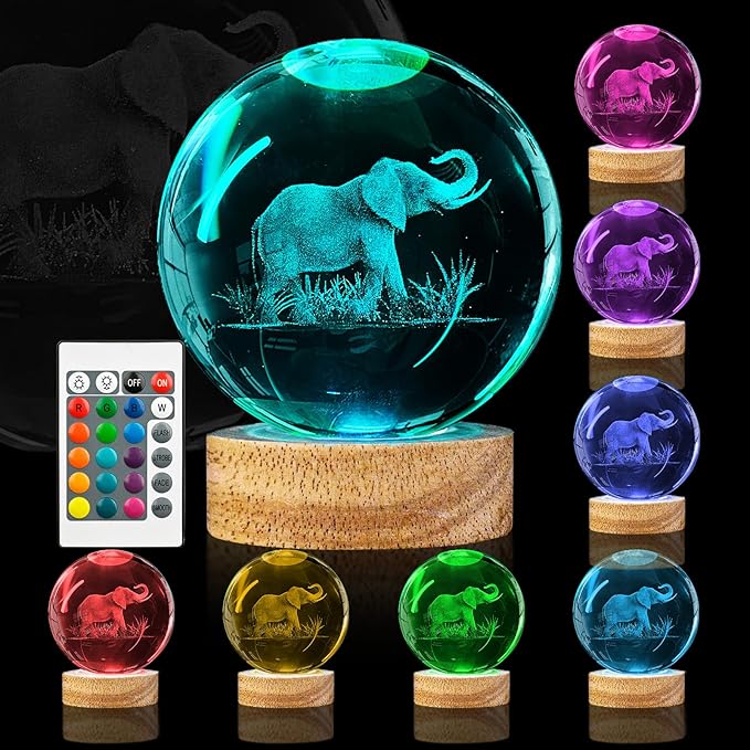 3D Elephant Crystal Ball Night Light 3.15 inch Glass Ball Lamp with 16 Color Changing Wooden Base and Remote Control Elephant Gifts for Kids Friends Birthday Christmas Room Decor