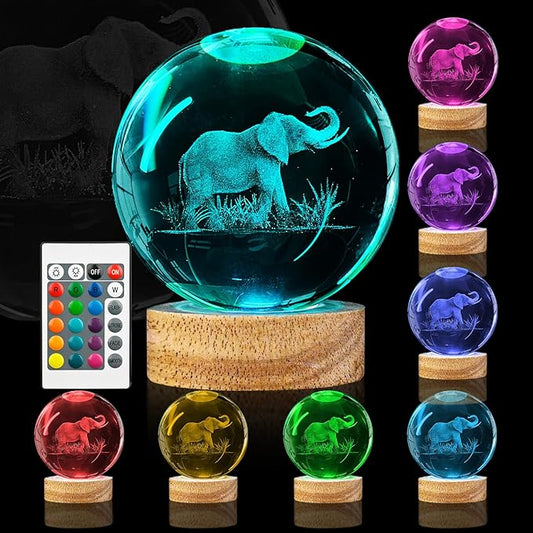 3D Elephant Crystal Ball Night Light 3.15 inch Glass Ball Lamp with 16 Color Changing Wooden Base and Remote Control Elephant Gifts for Kids Friends Birthday Christmas Room Decor