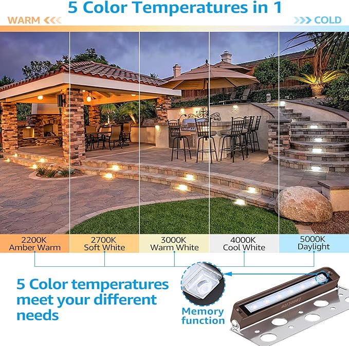 LEONLITE 8-Pack Premium Series 5CCT 7 Inch LED Hardscape Lighting Swivel, 2200K/2700K/3000K/4000K/5000K Selectable, Retaining Wall Light Low Voltage, 12V Paver Light, 4.5W Outdoor Step Light, ETL