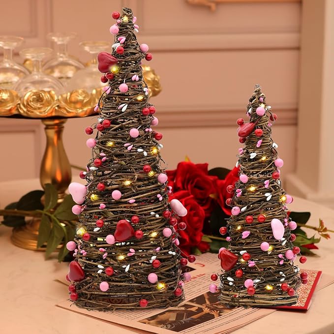CRCZK Valentines Day Rattan Table Tree Decor with Lights Valentines Day Decorations 2Pack Lighted Tree with Red Heart&Berries Pink Table Centerpieces Valentine's Day Decorations Indoor Party Gifts