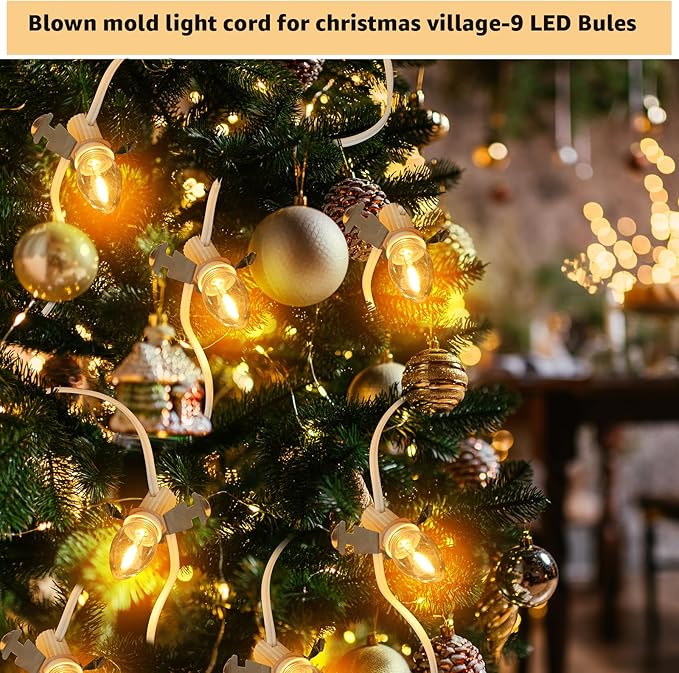 Christmas Village Lights, C7 Blow Molded Light Cord with 9 LED Bulb.11.8Feet Suitable for Christmas Village Houses, Halloween Holiday，Holiday Lighting - Warm Light
