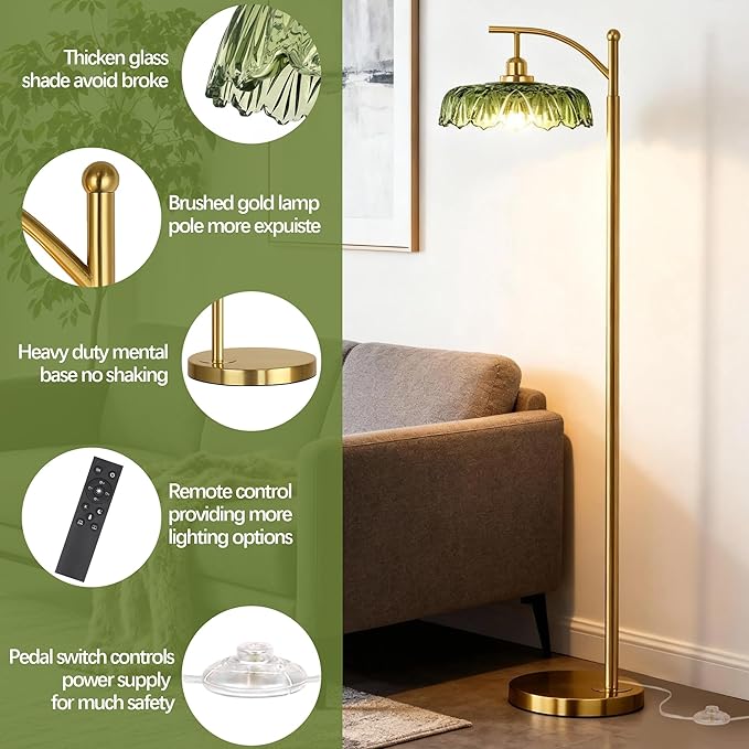 Gold Floor Lamp for Living Room, Dimmable Mid Century Modern Standing Lamp with Remote Control and Green Glass Shade, 68" Tall Lamp for Bedroom, Vintage Retro Antique Glass Flower Lamp, Brushed Gold