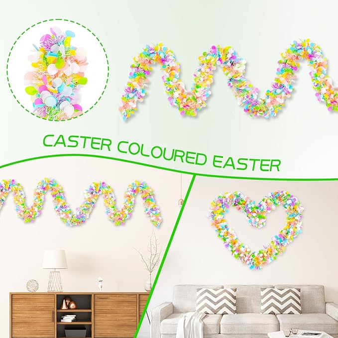 GlyinnHe 33Ft Easter Tinsel Garland with Confetti Colorful Metallic Tinsel Twist Garland Spring Hanging Garland Decoration for Easter Holiay Door Tree Mantel Party Supplies