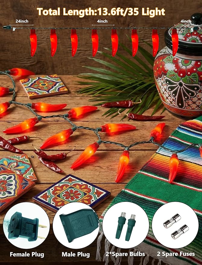 13.6Ft Chilli Pepper Light, Christmas Decorations String Lights with 35 Red Pepper Bulbs, Plug in Fairy Lights for Indoor Party Kid's Room Xmas Tree Patio Bedroom Garden Decor