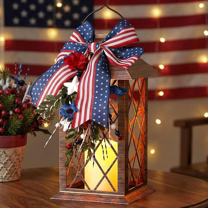 4th of July Solar Lanterns Outdoor Waterproof, Patriotic Hanging Lantern with Flickering LED Candle, 13" Independence Day Lanterns Decorations for Patio Porch Garden Yard Pathway, 1 Pack