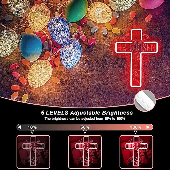 He Is Risen Neon Sign Cross Easter Neon, Dimmable LED Neon for Wall Decor Bedroom Home Room Party Decor, LED Neon Light for Wedding Christmas Easter Celebrations New Year Gift