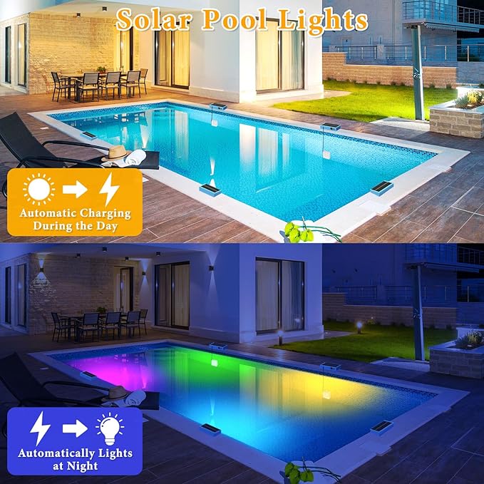 Solar Pool Lights, Pool Lights with Remote, 10-Color 4-Mode Light Sensing LED，Underwater Swimming Lighting with Timer Off, Submersible Pool Lights for Above Ground In-ground Inflatable Pool