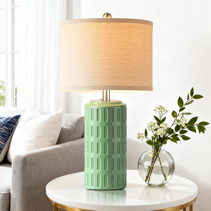 PARTPHONER 23" Farmhouse Modern Ceramic Table Lamp Set of 2 - Green Bedside Lamps for Bedroom & Living Room, Nightstand, Desk, End Table
