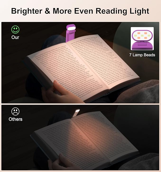 Gritin Reading Light, Rechargeable Book Light for Reading in Bed - Eye Caring 3 Color Temperatures, 5-Level Dimmable Brightness, Long Lasting, Compact Size Clip on Book Lamp for Bookworms-Dark Purple