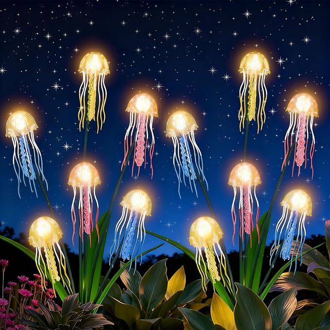 Outdoor Solar Garden Lights: 2 Pack 12 LEDs Waterproof Solar Powered Jellyfish Lights for Outside Yard Pathway Lawn Warm White Decorations - Unique Gardening Gifts for Women Mom Grandma
