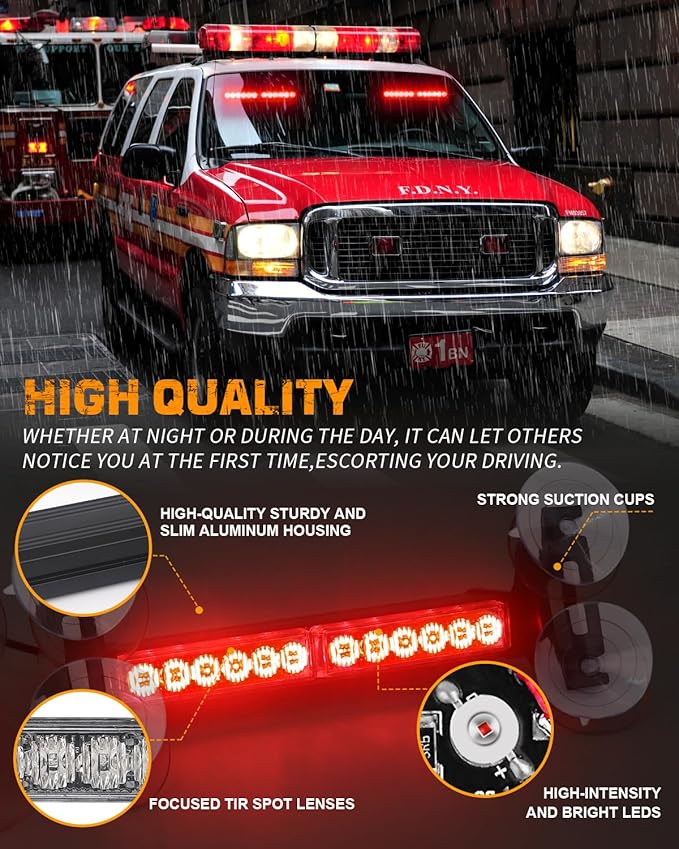 XRIDONSEN 2x 10.7 inch Red Emergency Lights 24 LED Strobe Light Bar Warning Flashing Safety Dash Side Window Front/Rear windshield Lights Traffic Advisor for Firefighter Police Vehicles Fire Trucks