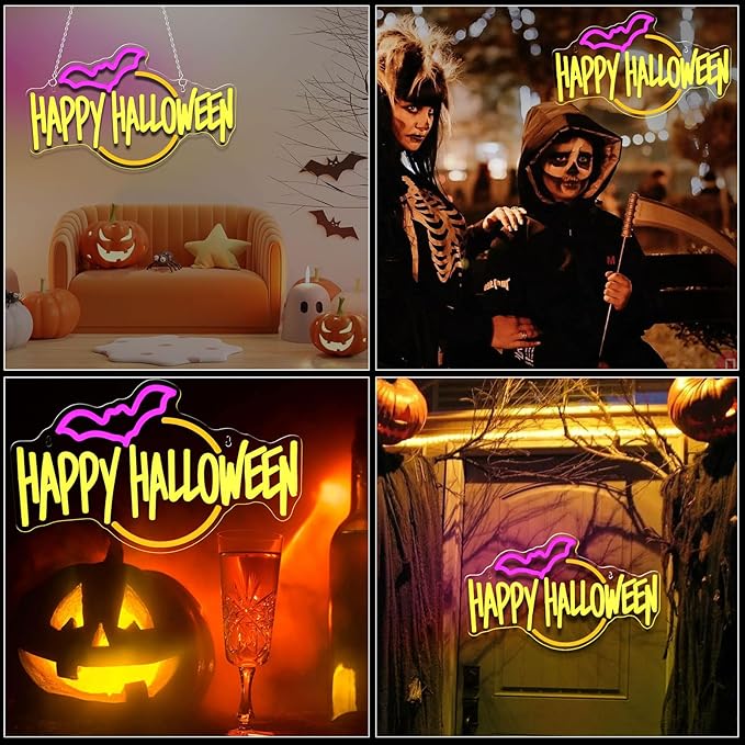 Happy Halloween Neon Sign Bat LED Light Up for Bedroom Home Bar Halloween Decor Trick or Treat Party Backdrop USB Powered