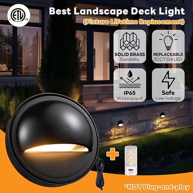 Gardenreet Low Voltage LED Deck Lights - Solid Brass Landscape Step Lights, Outdoor 12V Hardwired Waterproof Black for Stair Patio Wall Yard with 3W Adjustable Warm & Neutral White G4 Bulb 4 Pack