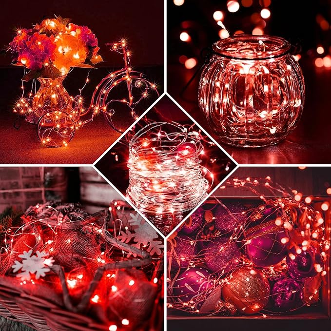 24 Pack Red Fairy Lights 7Ft 20 LED Twinkle String Lights 3 Modes Battery Operated Waterproof Firefly Starry for Mason Jar Party Table Centerpieces Halloween Christmas Valentines Day