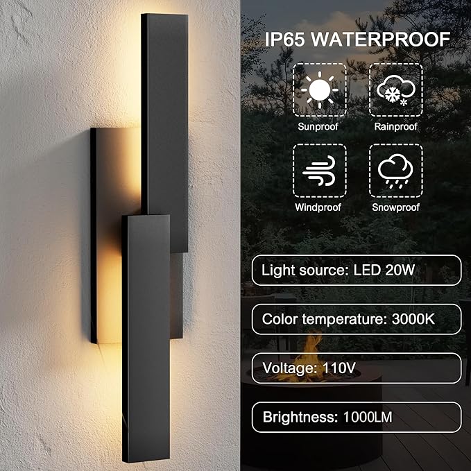 LamQee 24 Inch Aluminum Modern Outdoor Wall Light, 3000K 1000LM 20W Integrated LED, Matte Black Exterior Lighting Fixtures IP65 Waterproof Contemporary Outside Sconce for House Porch Patio Garage Door