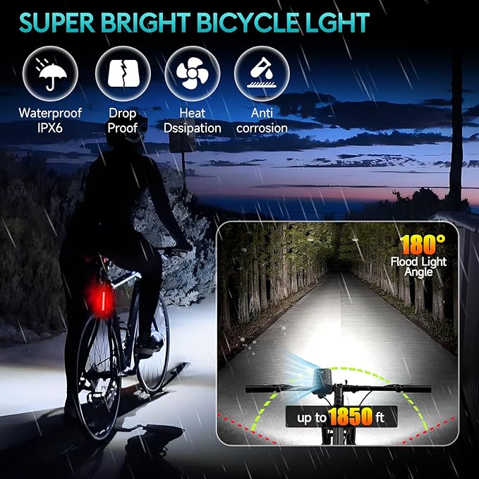 6 LED Super Bright Bike Light for Night Riding,5800 Lumens Upgrade Aluminum 6000 mAh Rechargeable Bicycle Light,Runtime 48+hrs,10 Modes Waterproof Safety Bike Headlight Taillight for Outdoor Cycling